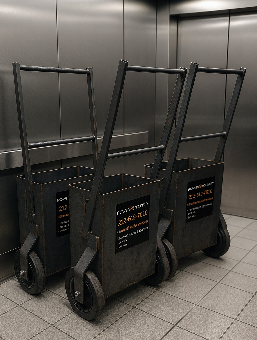 Three heavy-duty industrial weight carts with black metal frames and large wheels are positioned inside a commercial elevator with stainless steel walls and light gray tiled flooring. Each cart displays a label reading “POWER DELIVERY” along with a phone number and service details. The elevator is clean and well-lit, contrasting with the worn appearance of the carts.